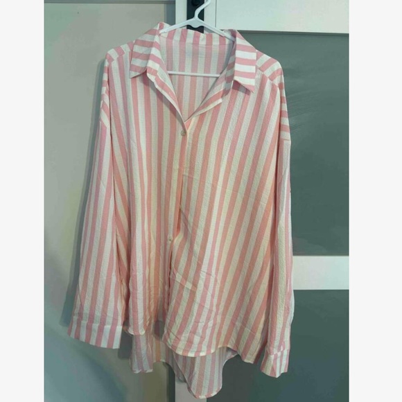 Pink with White Stripes Oversized Button Down Shirt Long Sleeve - Picture 7 of 9